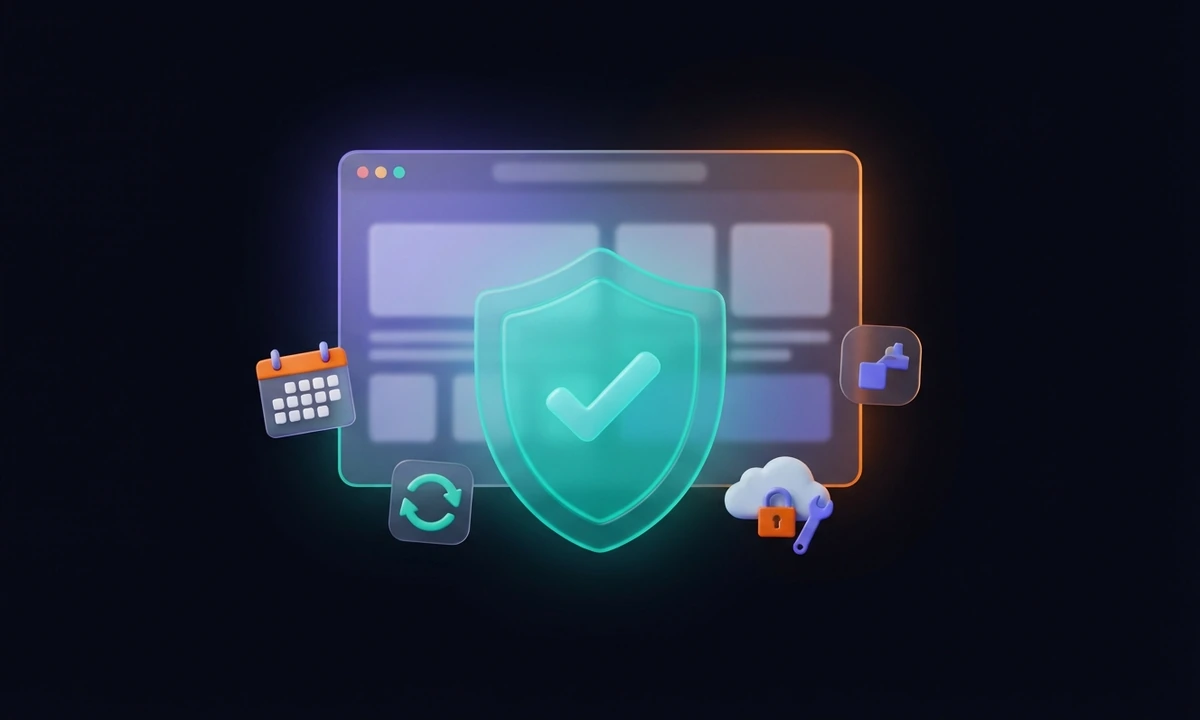 Escudo con tilde sobre una ventana de sitio web, rodeado de calendario, backups y candado de seguridad